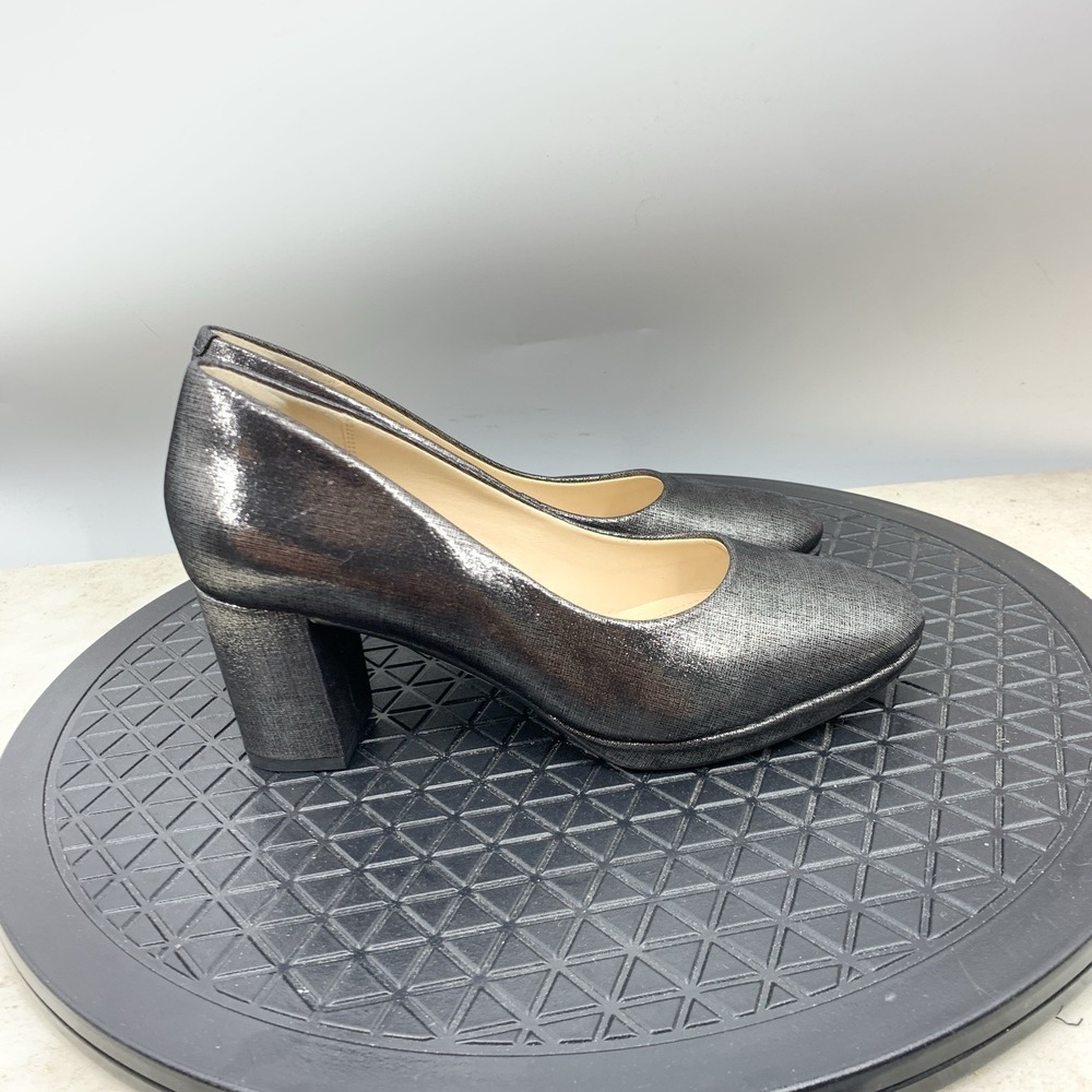Clarks Heels Women Size 6.5 Shoes Gray‎ Metallic Leather Pumps Slip On Round Toe